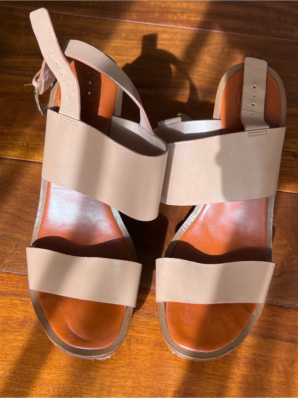 Tory Burch Neutral Beige Leather Wedge Sandals
